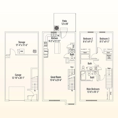 Floor plan for 3 beds, 2.5 baths, 1206 sqft